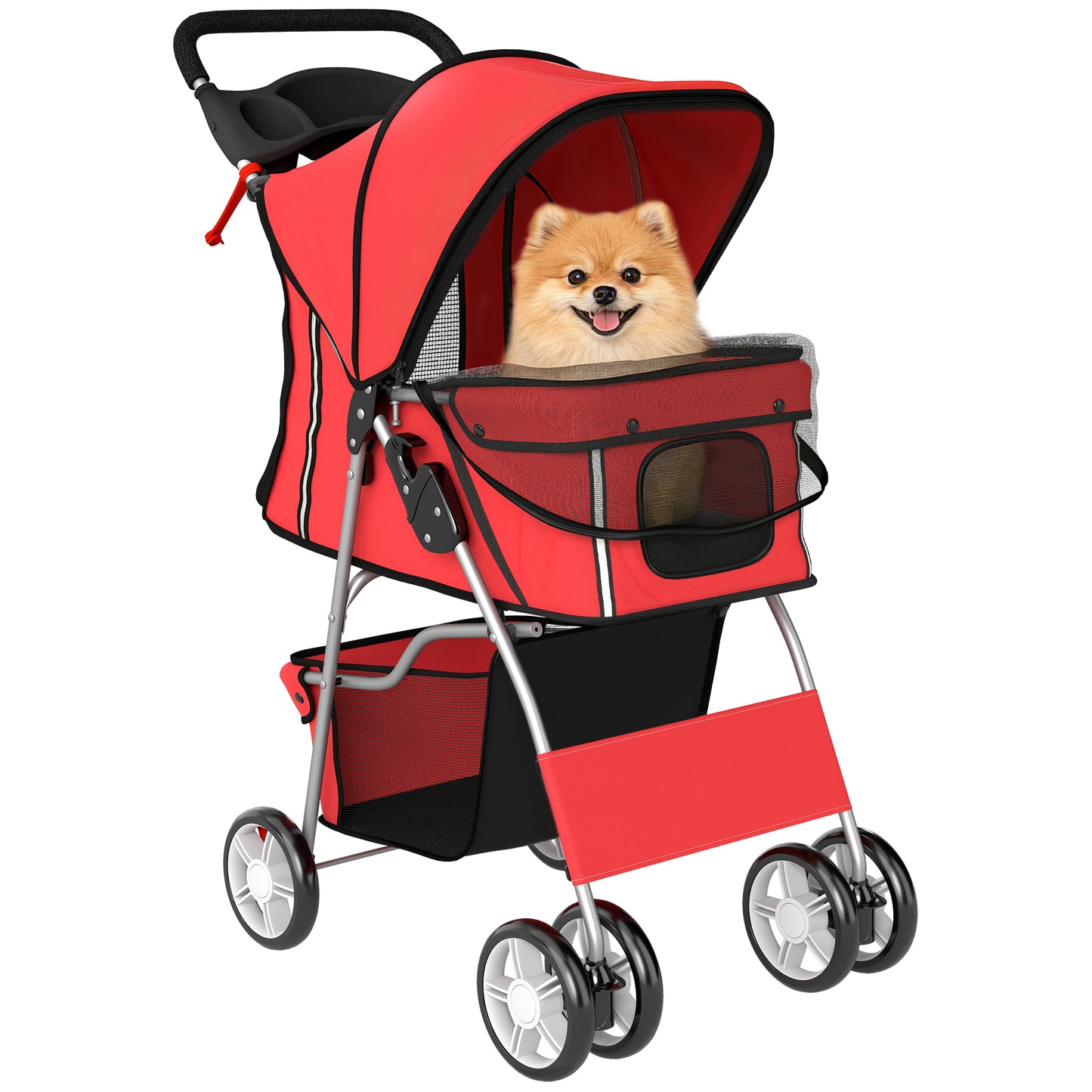 Dog Pram, Foldable Pet Stroller for Small Miniature Dogs Cats, Pet Buggy Pushchair with 360° Swivel EVA Wheels, Brake, Reflective Strips, Mesh Windows, Washable Cushion, Red