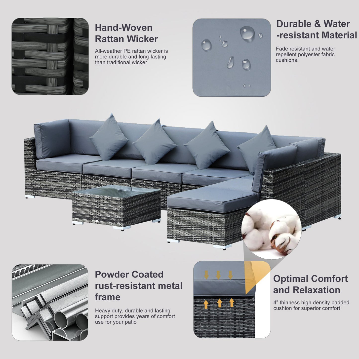 8 Pieces PE Rattan Corner Sofa Set with Thick Cushions, Aluminium Outdoor Rattan Garden Furniture Set with Glass Top Table, No Assembly Required, Grey