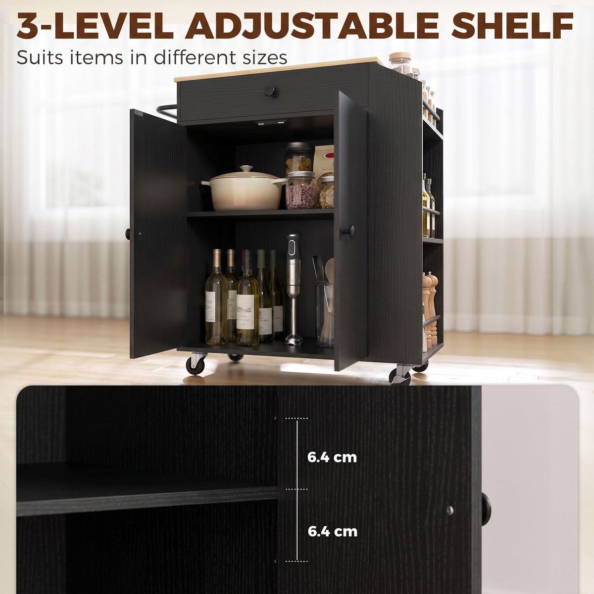 Kitchen Trolley with Drawer, Cupboard and 3-Tier Spice Rack - Black & Oak Effect