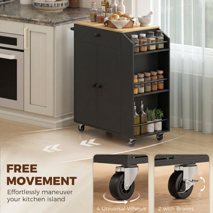 Kitchen Trolley with Drawer, Cupboard and 3-Tier Spice Rack - Black & Oak Effect