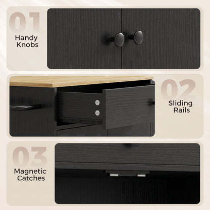 Kitchen Trolley with Drawer, Cupboard and 3-Tier Spice Rack - Black & Oak Effect