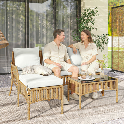 3 Piece Rattan Garden Furniture Set with Cushions, Natural Wood