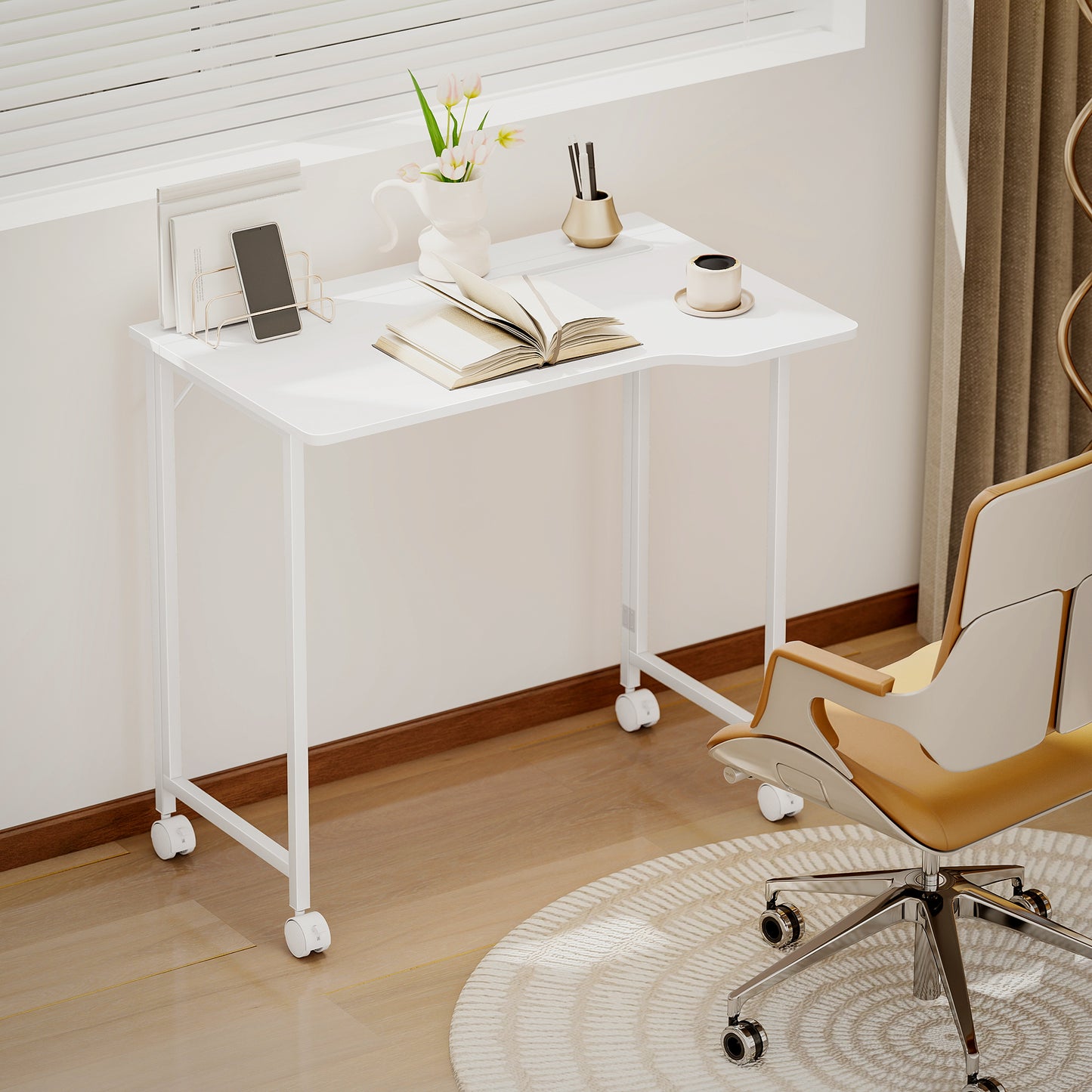 Small Writing Desk with Wheels, Folding Study Table, White