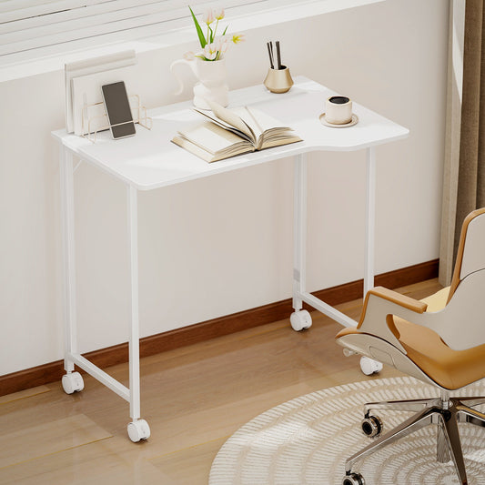 Foldable Writing Desk with 4 Lockable Castors and Device Slot - White Wood Effect