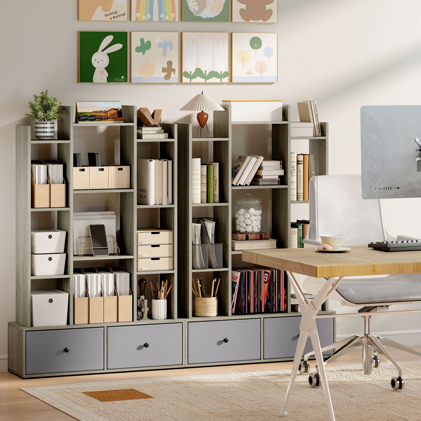 12-Tier Bookshelf, Bookcase w/ 2 Folding Drawer, Graphite Wood Effect