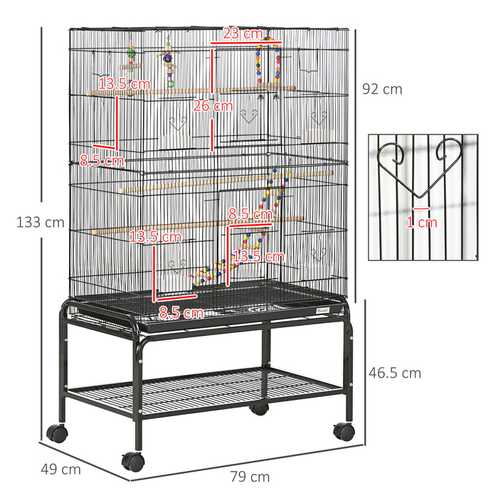 Bird Cage with Stand, Toys, Wheels, for Canaries, Finches, Lovebirds, Parakeets, Budgie Cage with Accessories, Storage Shelf, Black