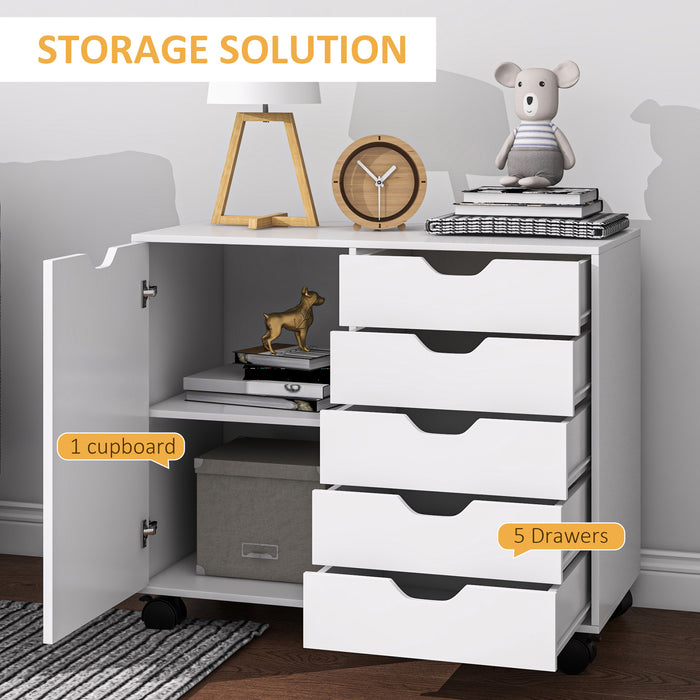 Modern Mobile 5-Drawer Cabinet w/ Door, Office Storage Cabinet White