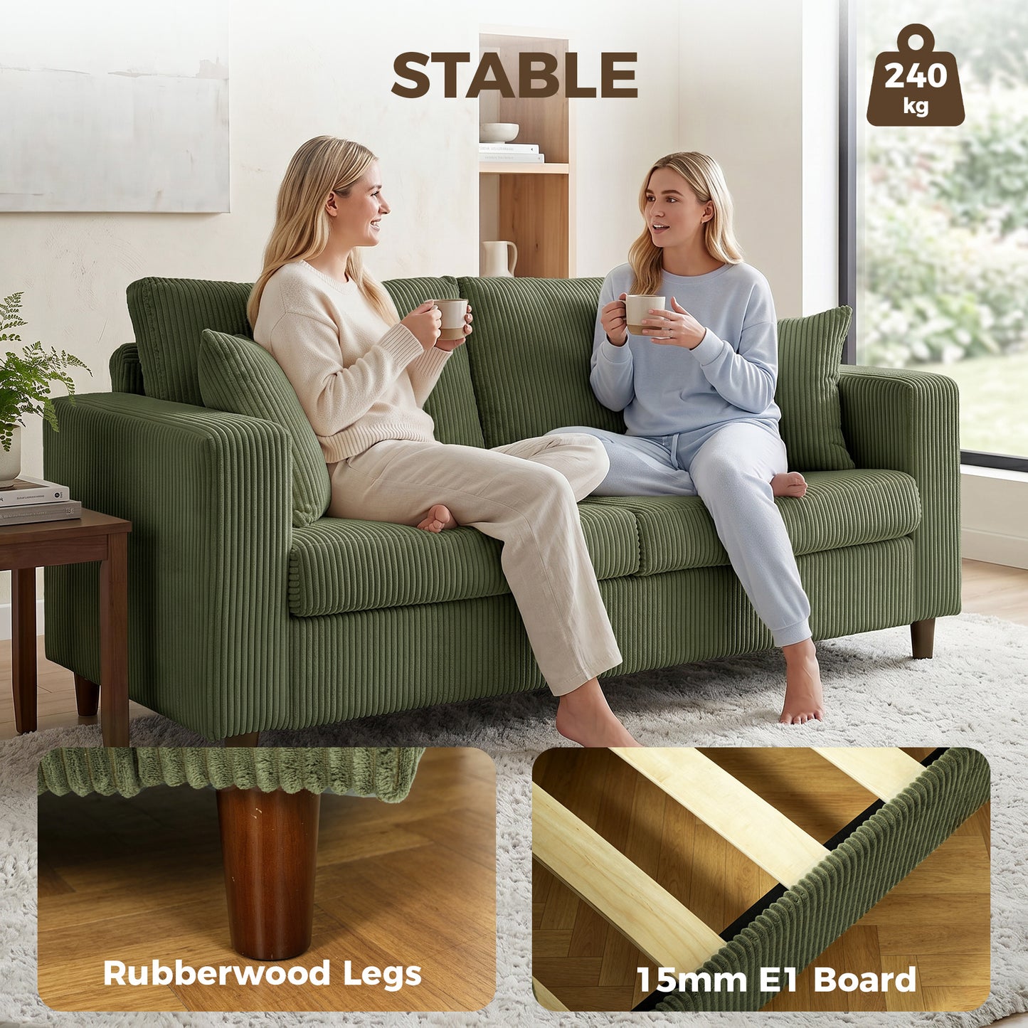 Loveseat Sofa with Wide Seat, Corduroy Upholstered, Green