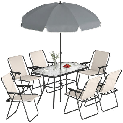 8 Piece Garden Dining Set with 6 Folding Chairs and Umbrella, Cream