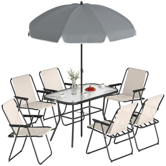 8 Piece Garden Dining Set with 6 Folding Chairs and Umbrella, Cream