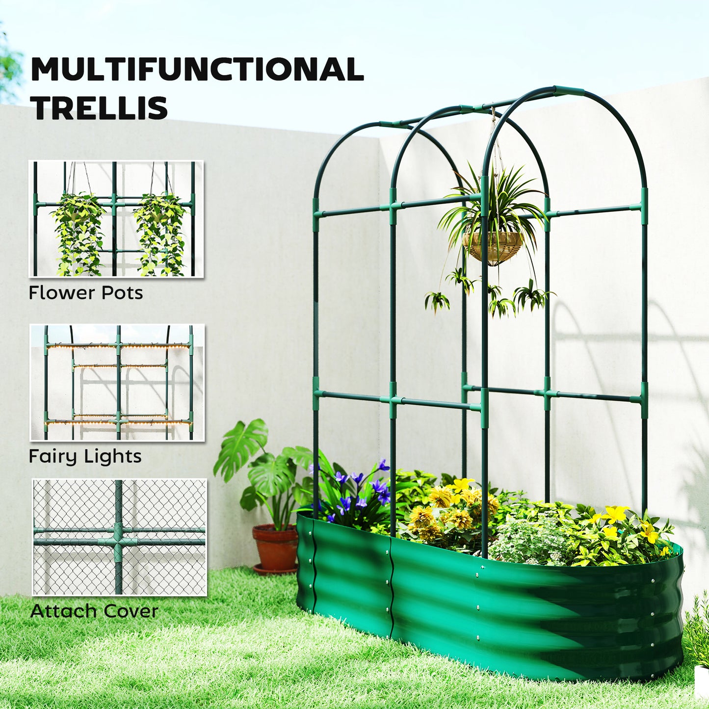4 x 2 x 4.6ft Galvanised Raised Garden Bed with Trellis, Green