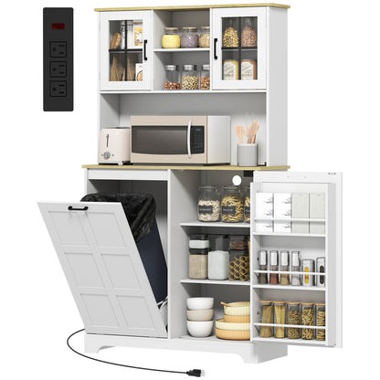 175cm Tall Kitchen Cabinet with Rubbish Bin, White