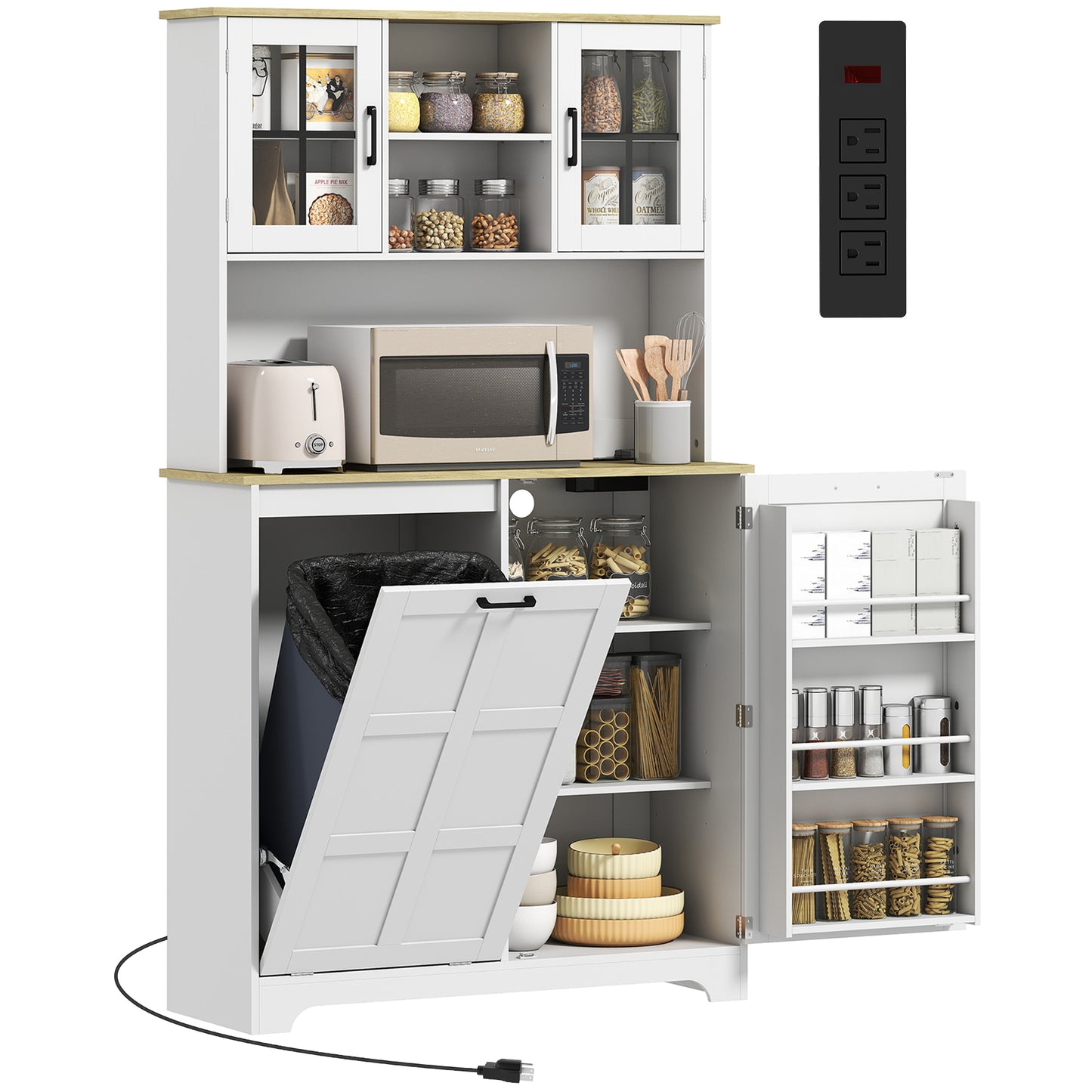 175cm Tall Kitchen Cabinet with Rubbish Bin, White