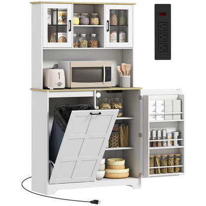 175cm Tall Kitchen Cabinet with Rubbish Bin, White