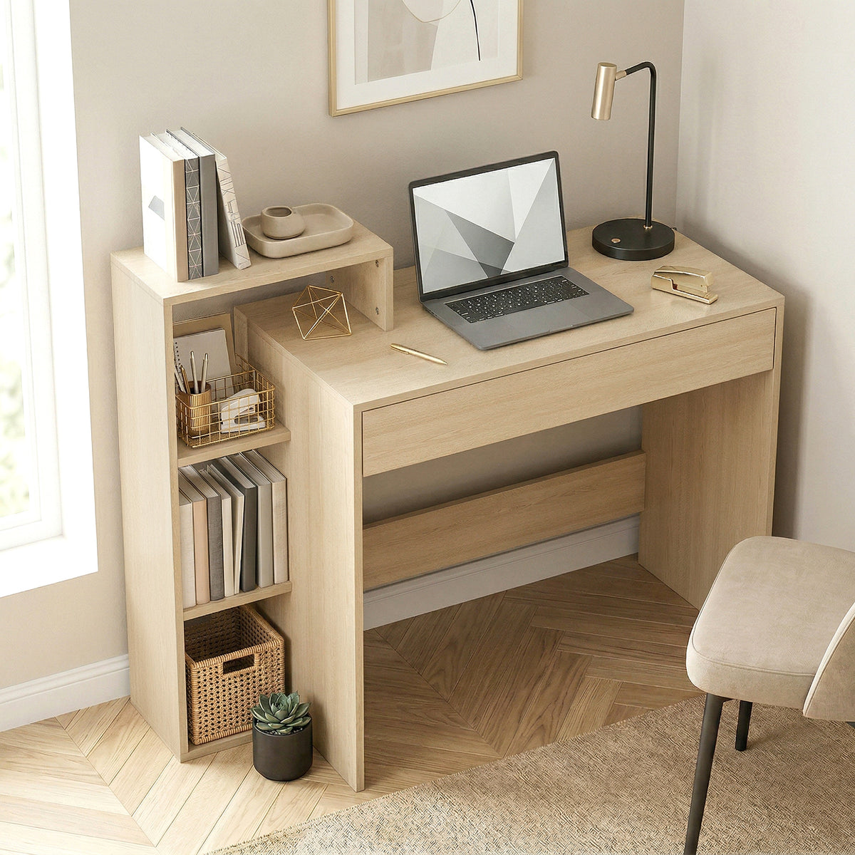 Computer Desk with 3 Open Shelves and Drawer - Natural