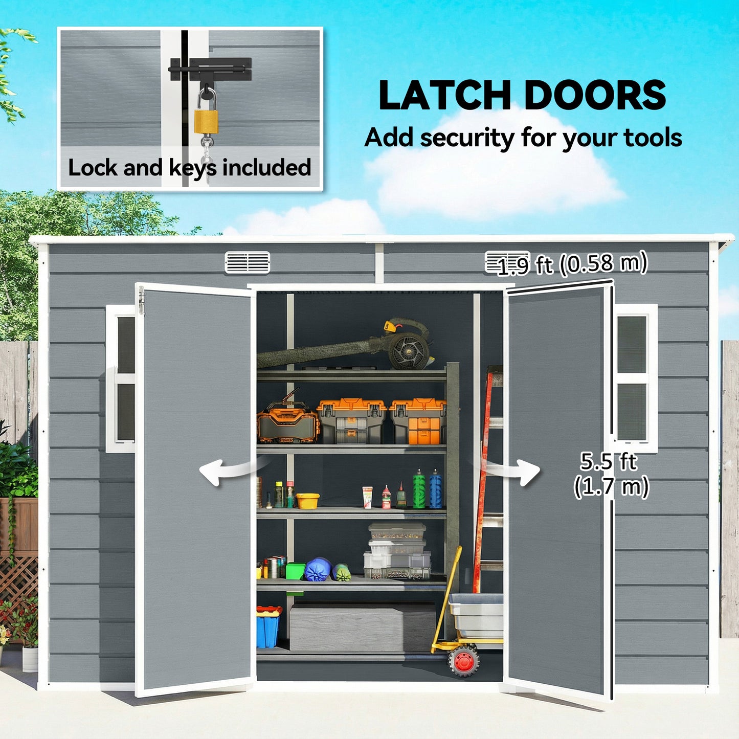 10 x 4 ft Plastic Garden Shed with Floor, Lockable Doors, Grey