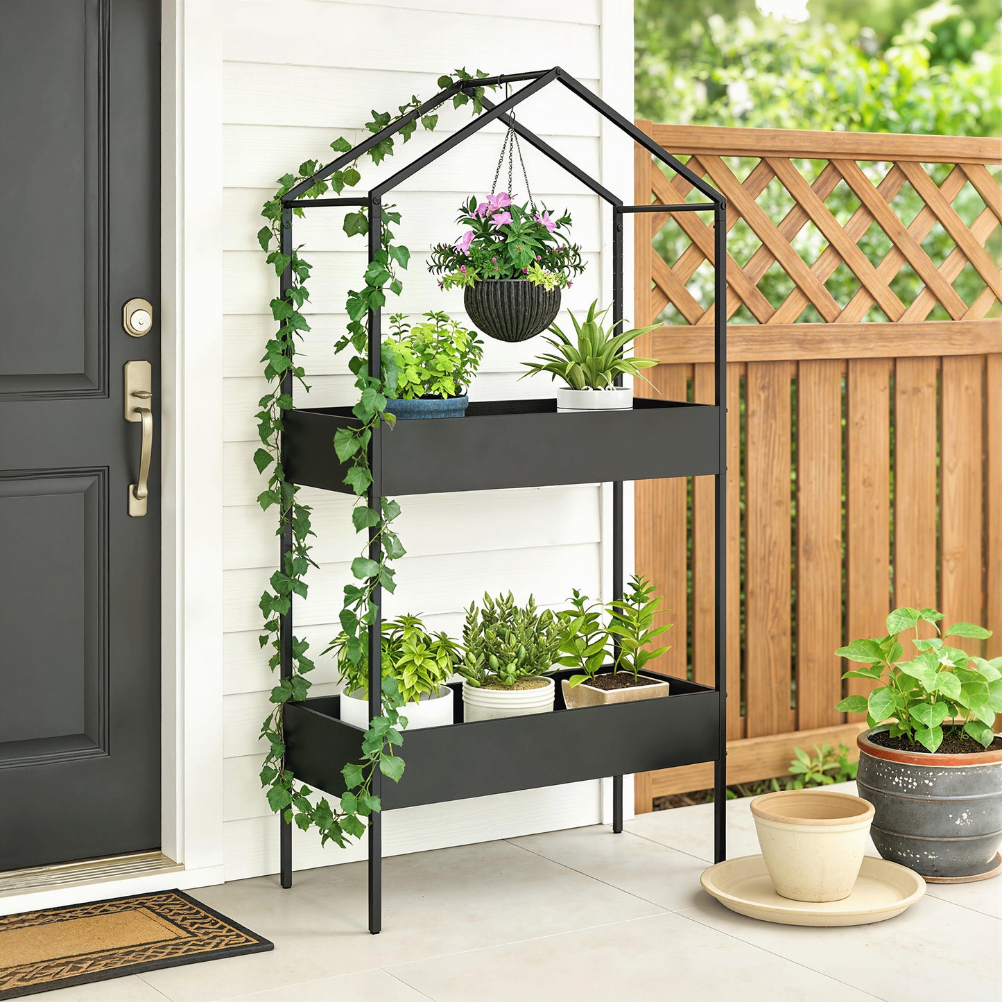 2 Tier Plant Stand, Outdoor Indoor Metal Plant Stand with Hook