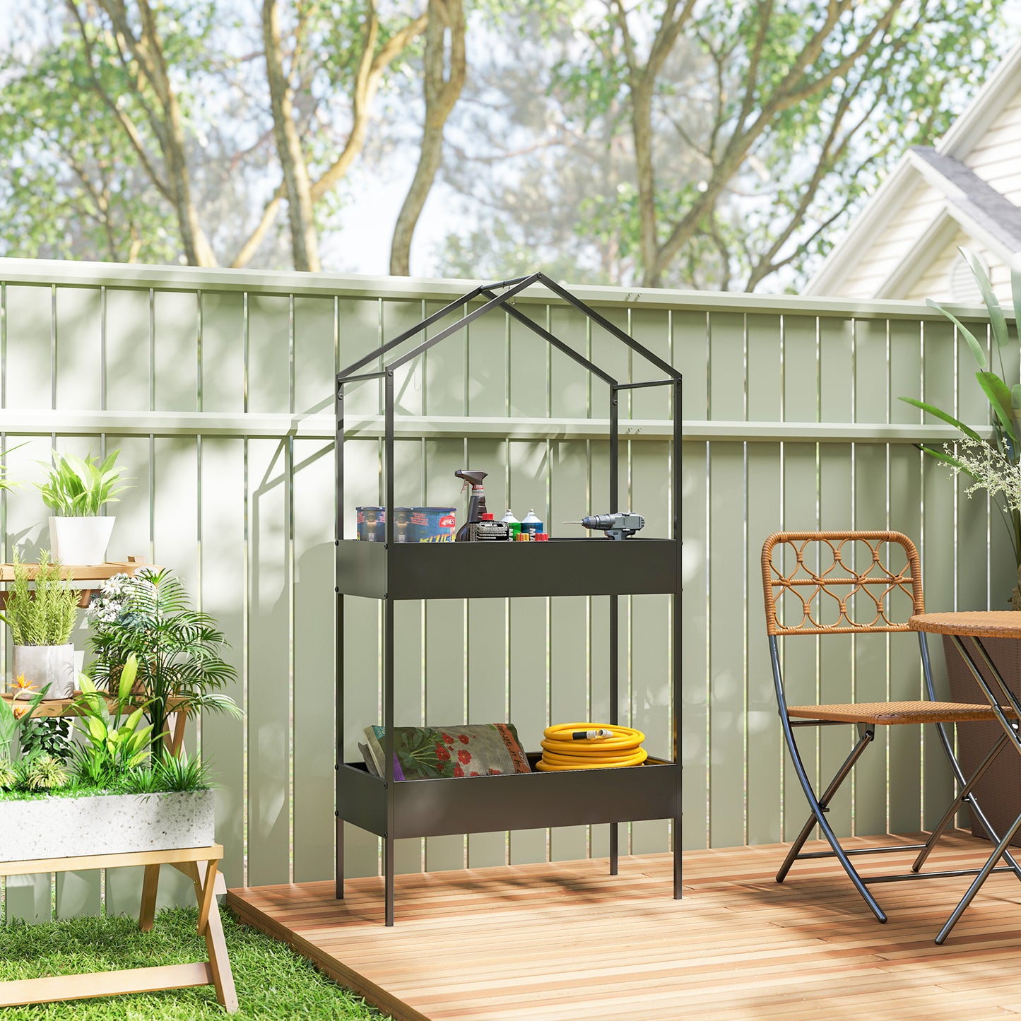 2 Tier Plant Stand, Outdoor Indoor Metal Plant Stand with Hook