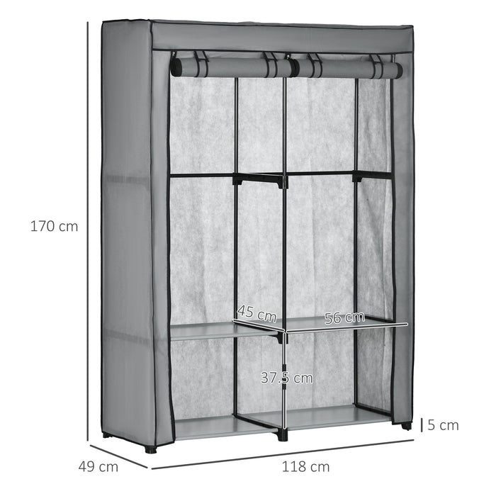 Fabric Wardrobe, Portable Fabric Cabinet, Foldable Coat Rack with 4 Shelves, 2 Hanging Rails, 118 x 49 x 170 cm, Grey