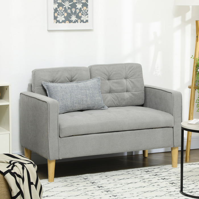 Modern 2 Seater Sofa with Hidden Storage, 117cm Tufted Cotton Couch, Compact Loveseat Sofa with Wood Legs, Grey