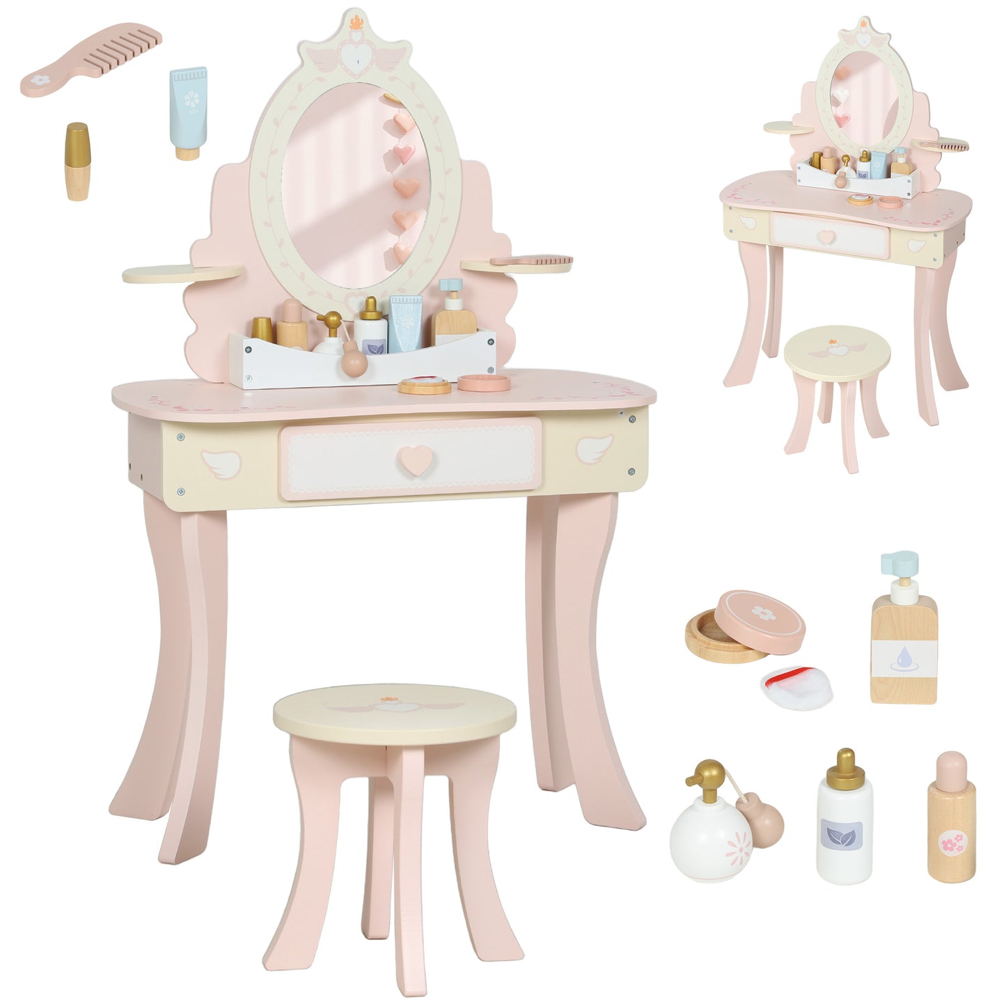 Kids Dressing Table, Girls Vanity Set w/ Stool, 7 Play Accessories