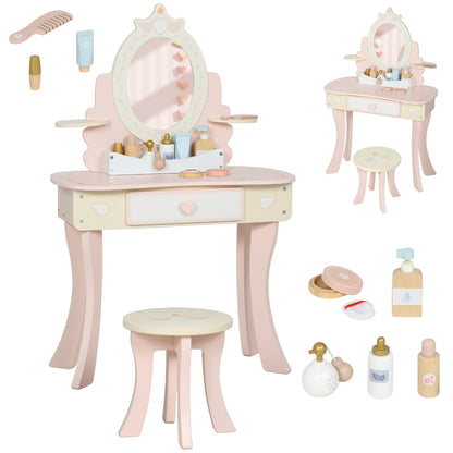 Kids Dressing Table, Girls Vanity Set w/ Stool, 7 Play Accessories