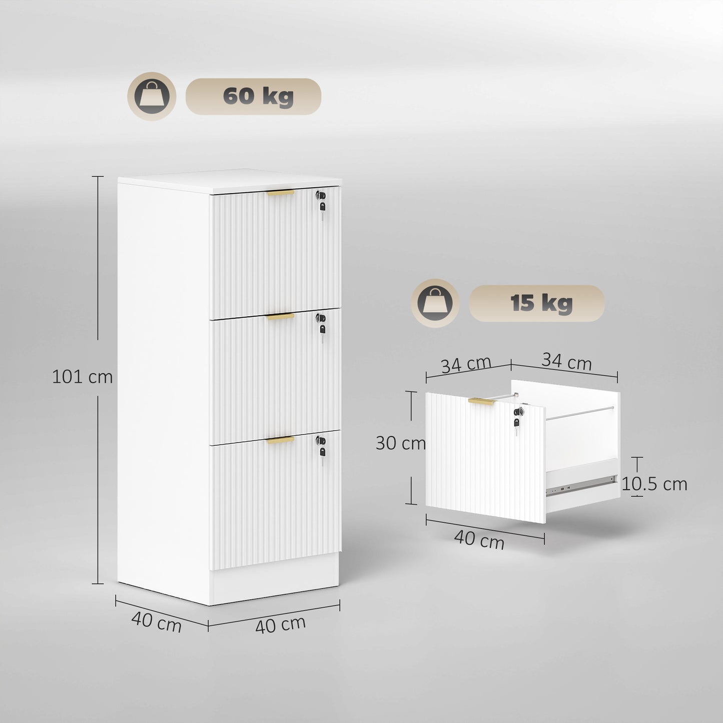 Filing Cabinet, File Cabinet with 3 Lockable Drawers and Hanging Rails