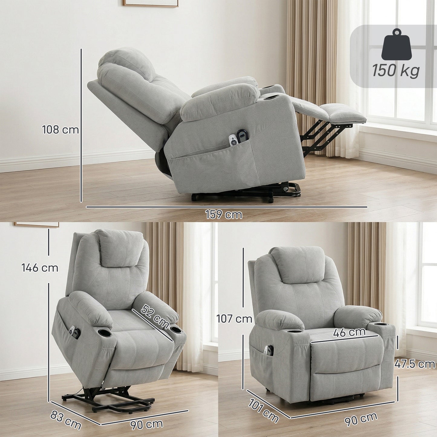 Power Lift Recliner Chair with Vibration Massage, Light Grey