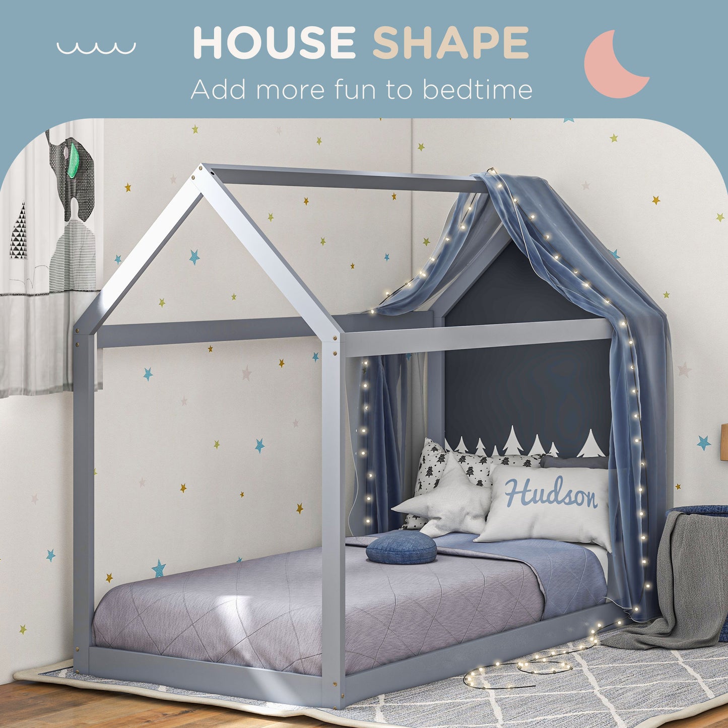 Single Bed Frame, House Scandinavian Style Wooden Bed Frame - Pine Wood Bed Base, Grey