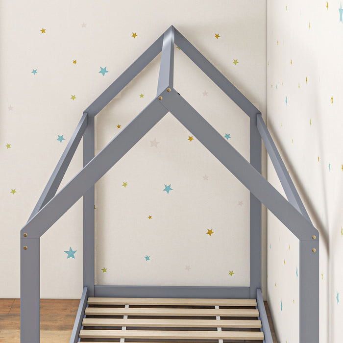 Wooden Single Bed Frame with Tree House Style, Grey