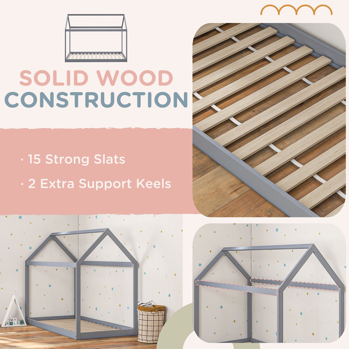 Single Bed Frame, House Scandinavian Style Wooden Bed Frame - Pine Wood Bed Base, Grey