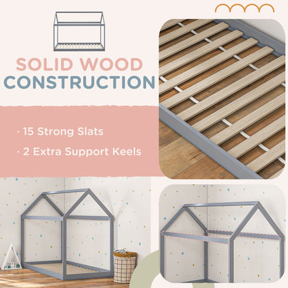 Single Bed Frame, House Scandinavian Style Wooden Bed Frame - Pine Wood Bed Base, Grey