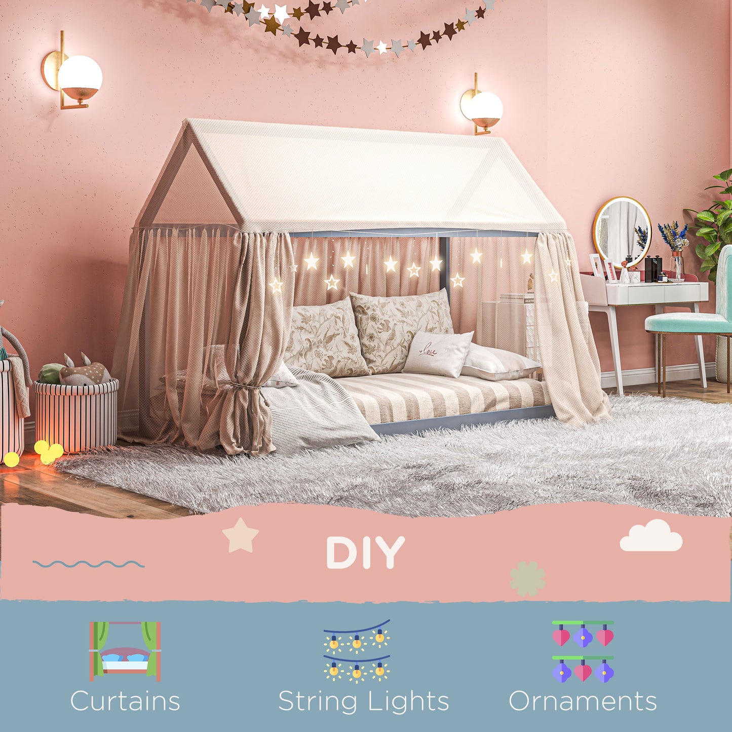 Single Bed Frame, House Scandinavian Style Wooden Bed Frame - Pine Wood Bed Base, Grey