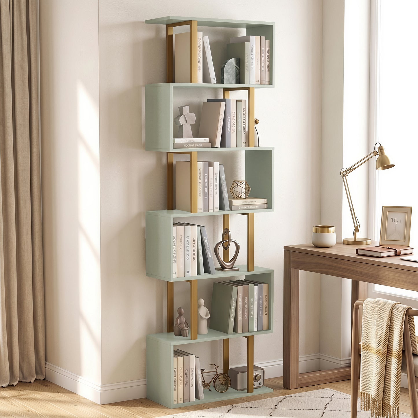 S-Shaped Bookshelf, 6-Tier Bookcase with Anti-Tip Strap, Light Green