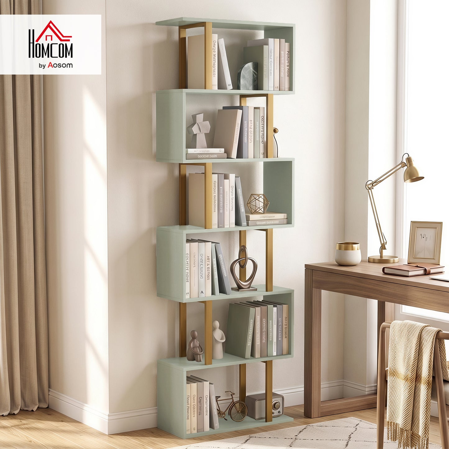 S-Shaped Bookshelf, 6-Tier Bookcase with Anti-Tip Strap, Light Green
