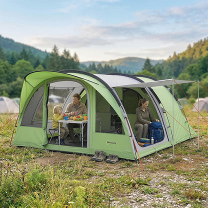 4 Person Easy Setup Family Camping Tent with 2 Rooms, Waterproof Tunnel Tent w/ Sewn In Groundsheet, Doors, Windows, Storage Pockets and Carrying Bag, Green & Grey