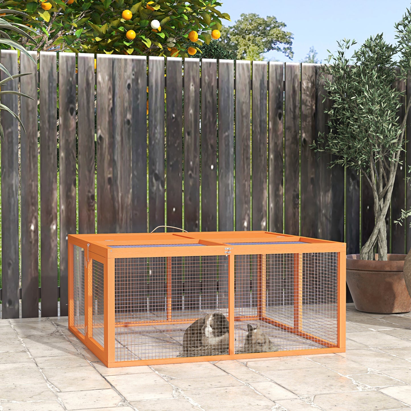 Rabbit Hutch, Folding Wooden Rabbit Run with Openable Top, Orange