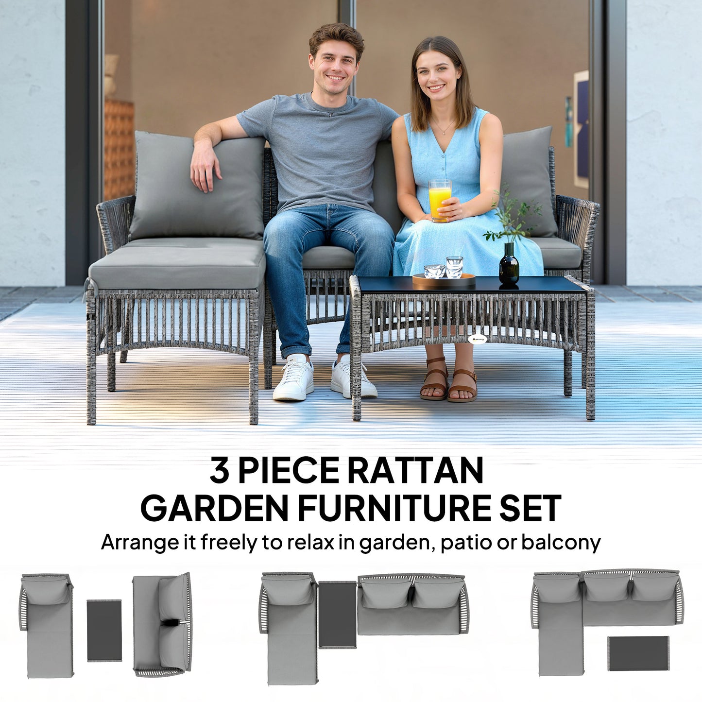 3 Piece Rattan Garden Furniture Set with Cushions, Dark Grey