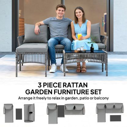 3 Piece Rattan Garden Furniture Set with Cushions, Dark Grey