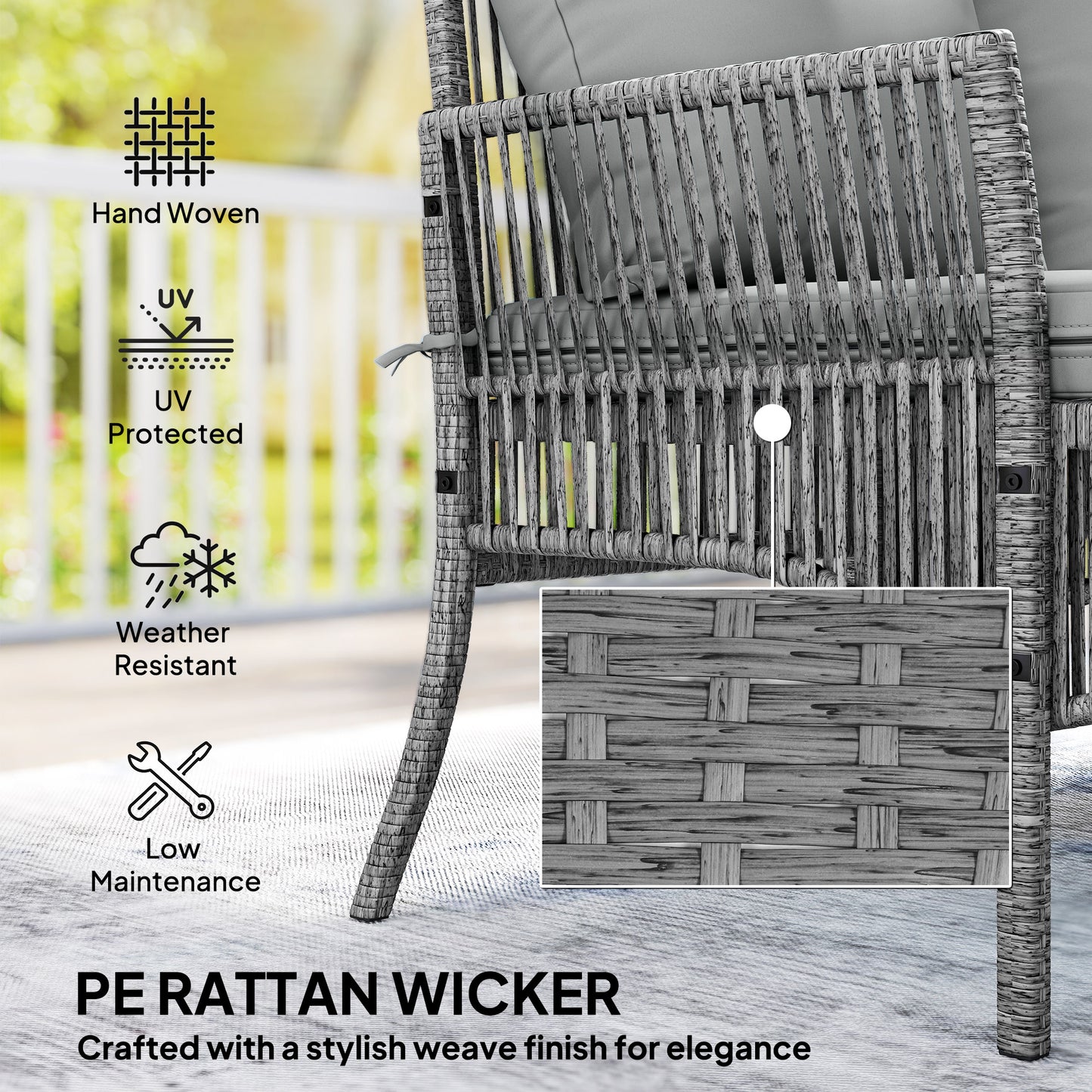 3 Piece Rattan Garden Furniture Set with Cushions, Dark Grey