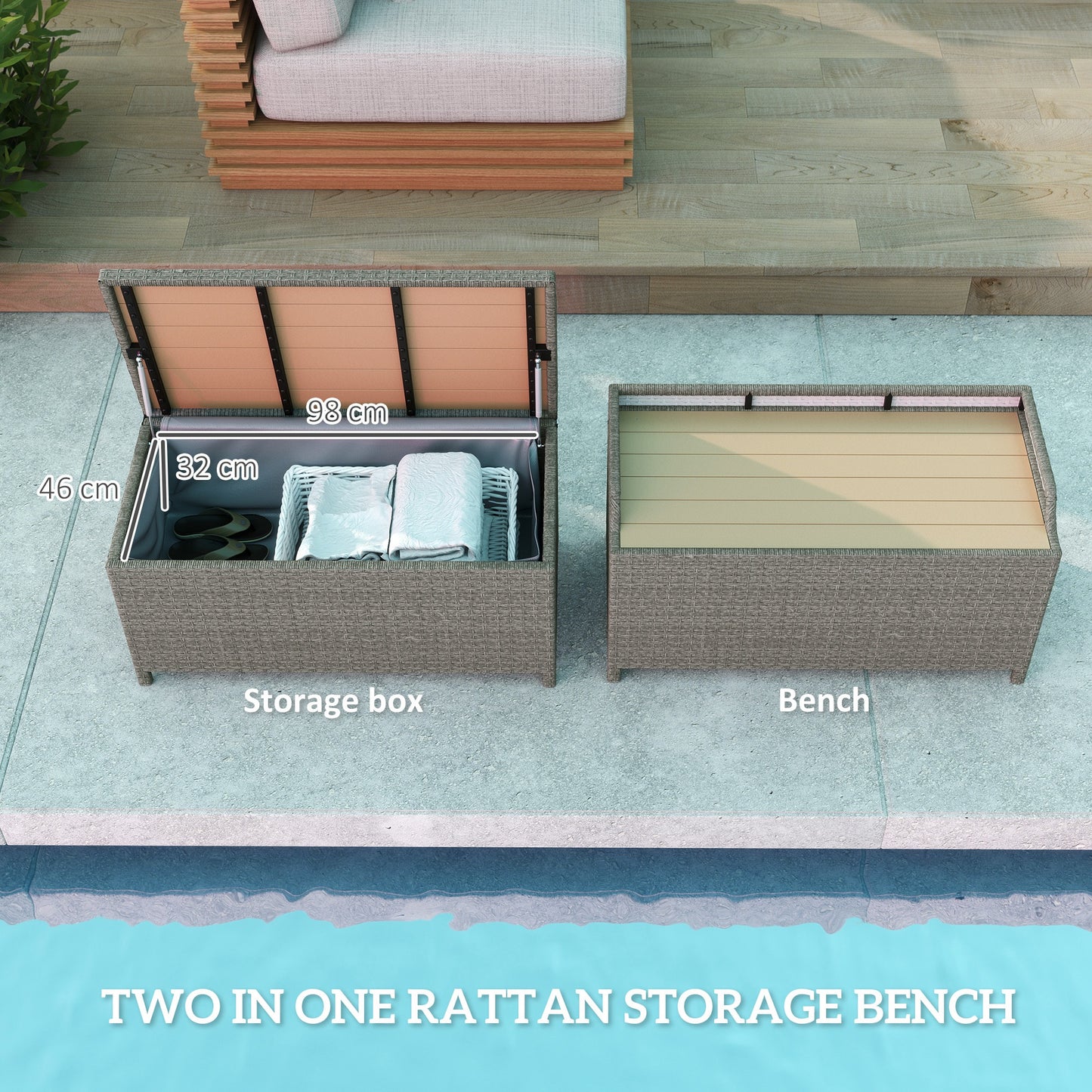 Rattan Outdoor Storage Bench with Aluminium Frame, Grey