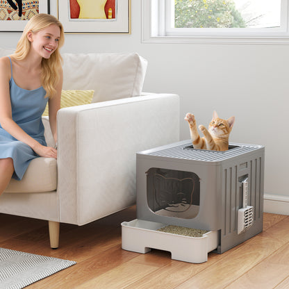 Foldable Cat Litter Box with Lid, Slide-Out Drawer, Grey
