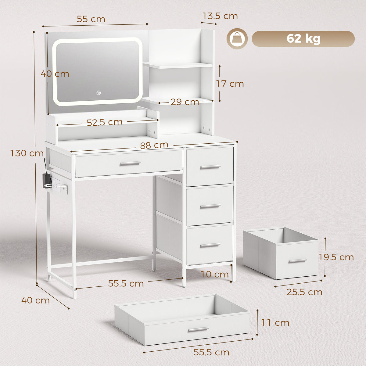 Vanity Dressing Table with 3-Colour LED Mirror and Power Outlet