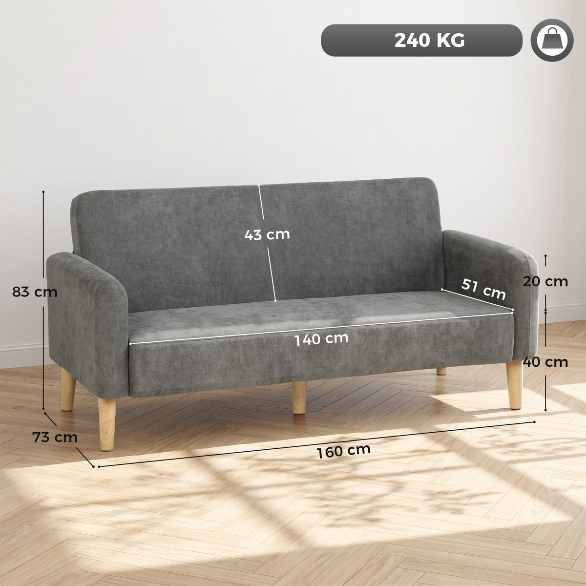 2 Seater Sofa, Velvet Small Couch with Plush Backrest, Grey