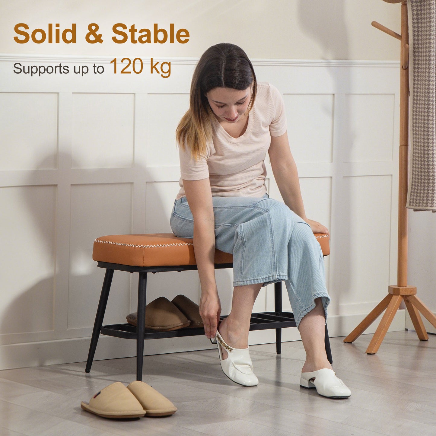 Shoe Bench, PU Leather Shoe Storage Bench for Entryway, Brown