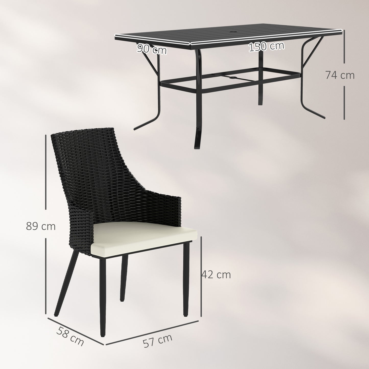 6 Seater Garden Furniture with Cushions, Parasol Hole, Cream White