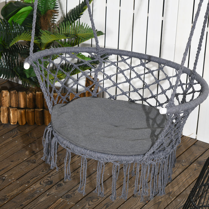 Hanging Hammock Chair Cotton Rope Porch Swing with Metal Frame and Cushion, Large Macrame Seat for Patio, Bedroom, Living Room, Grey