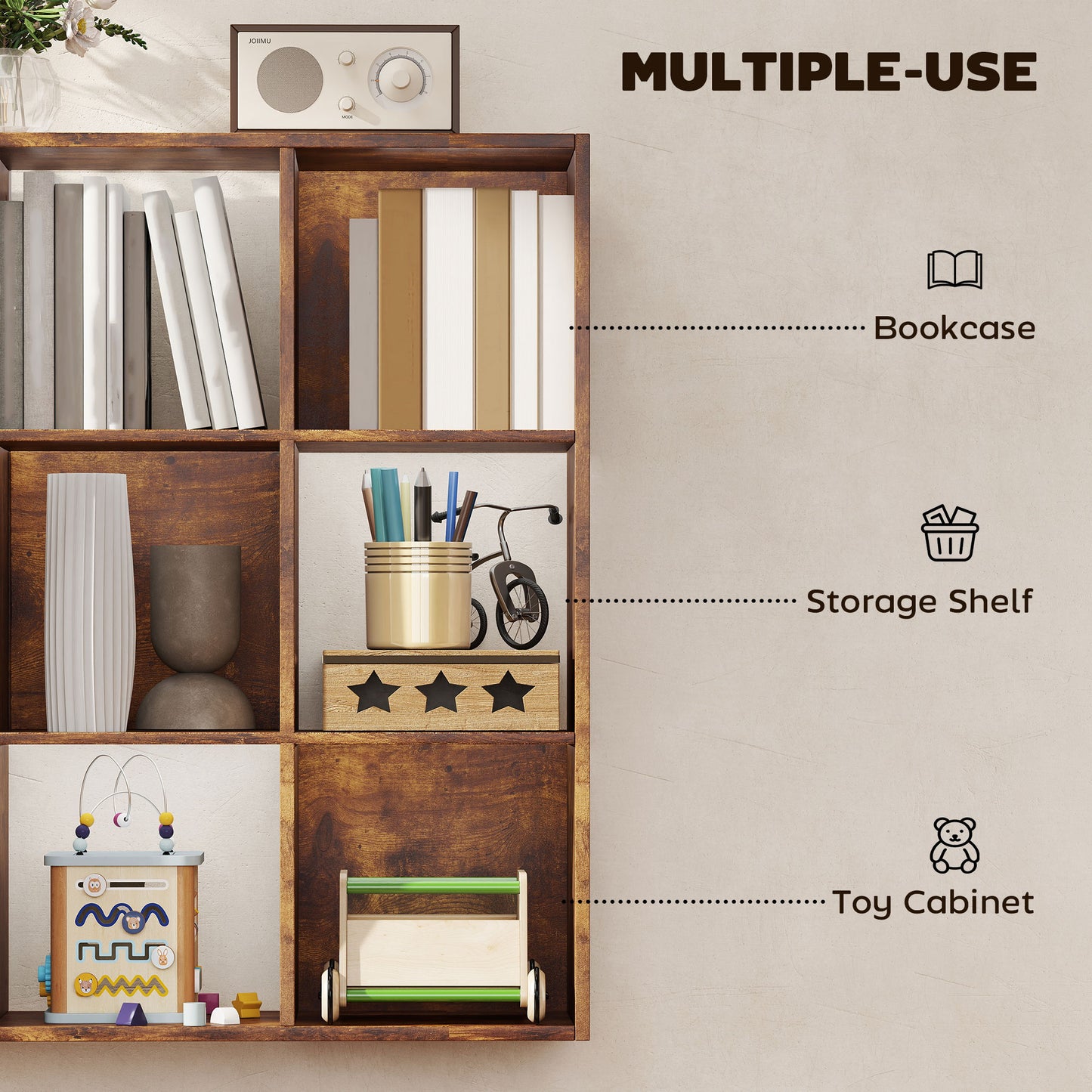 9 Cube Storage Cupboard Bookcase Bookshelf Home Office, Rustic Brown