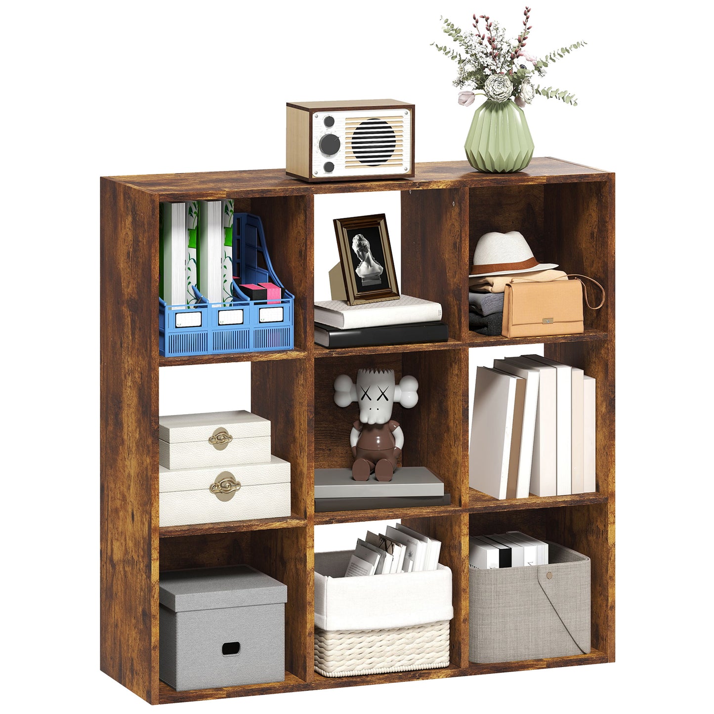 9 Cube Storage Cupboard Bookcase Bookshelf Home Office, Rustic Brown