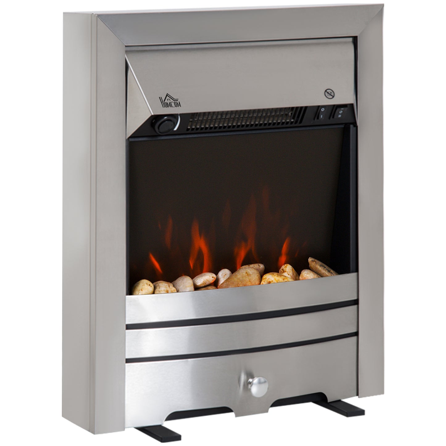 Electric Fireplace Stainless Steel 2KW Heater LED Fire Flame Silver